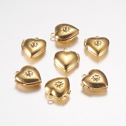 Honeyhandy Brass Locket Pendants, Photo Frame Charms for Necklaces, Heart, Golden, 12x10.5x4mm, hole: 1mm