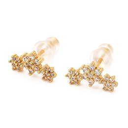 Honeyhandy Brass Micro Pave Cubic Zirconia Stud Earrings, Real 18K Gold Plated, Flower, Clear, 6.5x12.5mm, Pin: 1mm