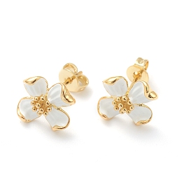 Honeyhandy Brass Enamel Stud Earrings, with Ear Nuts, Flower, Real 18K Gold Plated, White, 11x12mm, Pin: 0.8mm