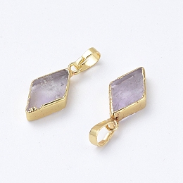 Honeyhandy Natural Amethyst Pendants, with Brass Snap on Bails, Edge Golden Plated, Rhombus, Golden, 17.5~19x8.5~9x3.5mm, Hole: 4x6mm