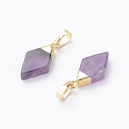 Honeyhandy Natural Amethyst Pendants, with Brass Snap on Bails, Edge Golden Plated, Rhombus, Golden, 17~18x8~9x3.5~6mm, Hole: 4x5mm