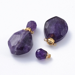 Honeyhandy Faceted Natural Amethyst Openable Perfume Bottle Pendants, with Golden Tone 304 Stainless Steel Findings, 38~39.5x22.5~23x11~13.5mm, Hole: 1.8mm, Bottle Capacity: 1ml(0.034 fl. oz)