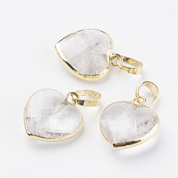 Honeyhandy Natural Quartz Crystal Pendants, with Brass Findings, Faceted, Heart, Golden, 14~15x12~12.5x4.5~5.5mm, Hole: 4x6mm