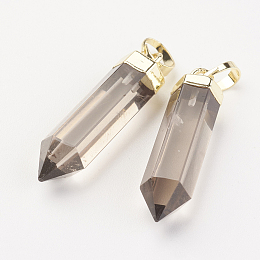 Honeyhandy Natural Smoky Quartz Pointed Pendants, Dyed & Heated, with Brass Findings, Bullet, Golden, 28~29x6~7mm, Hole: 4x6mm