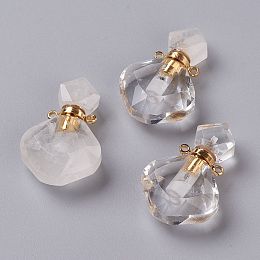 Honeyhandy Rhombus Natural Quartz Crystal Perfume Bottle Pendants, with 304 Stainless Steel Findings, Faceted, Golden, 26~27x17~17.5x8~8.5mm, Hole: 1.4mm, Capacity: about 2ml(0.06 fl. oz)