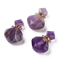 Honeyhandy Rhombus Natural Amethyst Perfume Bottle Pendants, with 304 Stainless Steel Findings, Faceted, Golden, 26~27x17~17.5x8~8.5mm, Hole: 1.4mm, Capacity: about 2ml(0.06 fl. oz)