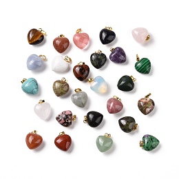 Natural & Synthetic Gemstone Pendants, with Golden Tone Brass Findings, Heart Charm, 18x15~15.5x9.5~10mm, Hole: 6x3mm