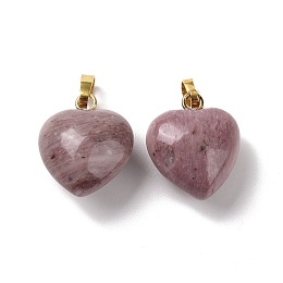 Honeyhandy Natural Rhodochrosite Pendants, with Golden Tone Brass Findings, Heart Charm, 18x15~15.5x9.5~10mm, Hole: 6x3mm