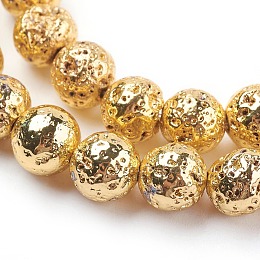 Honeyhandy Electroplated Natural Lava Rock Beads Strands, Round, Bumpy, Golden Plated, 8~8.5mm, Hole: 1mm, about 47pcs/strand, 15.35 inch(39cm)