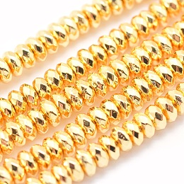 Honeyhandy Electroplate Non-magnetic Synthetic Hematite Beads Strands, Grade AA, Long-Lasting Plated, Faceted, Rondelle, Golden Plated, 4x2mm, Hole: 1mm, about 175pcs/strand, 15.7 inch(40cm)