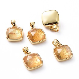 Honeyhandy Natural Citrine Charms, with Golden Plated Brass Findings, Faceted Square, 13~13.5x11x5.5~6.5mm, Hole: 3x4.5mm