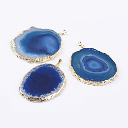 Honeyhandy Natural Agate Big Pendants, with Brass Findings, Nuggets, Golden, Dodger Blue, 59~91x32~65x3~6mm, Hole: 5x7mm