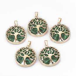 Honeyhandy Synthetic Malachite Pendants, with Brass Findings, Flat Round with Tree of Life, Dyed, Golden, 30.5x27x8mm, Hole: 7x3mm