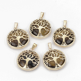 Honeyhandy Natural Tiger Eye Pendants, with Brass Findings, Flat Round with Tree of Life, Golden, 30.5x27x8mm, Hole: 7x3mm