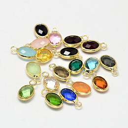 Honeyhandy Oval Faceted Golden Tone Brass Glass Charms, Mixed Color, 12x7x3.5mm, Hole: 1mm