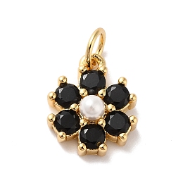 Honeyhandy Rack Plating Brass Micro Pave Cubic Zirconia Charms, with Pearl, Cadmium Free & Lead Free, Real 18K Gold Plated, Flower, Black, 12.5x10.5x4mm, Hole: 3.6mm