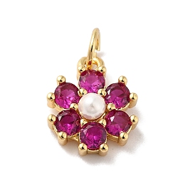 Honeyhandy Rack Plating Brass Micro Pave Cubic Zirconia Charms, with Pearl, Cadmium Free & Lead Free, Real 18K Gold Plated, Flower, Cerise, 12.5x10.5x4mm, Hole: 3.6mm