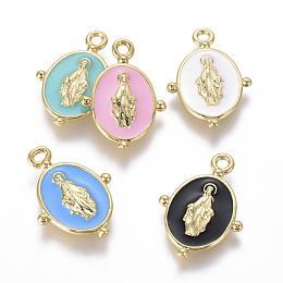 Honeyhandy Golden Plated Brass Enamel Pendants, for DIY Jewelry Making, Oval with Virgin Mary Religion, Mixed Color, 18.5x13x2mm, Hole: 1.6mm