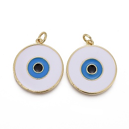 Honeyhandy Brass Enamel Pendants, with Jump Rings, Long-Lasting Plated, Flat Round with White Evil Eye, Real 18K Gold Plated, 22.5x20x2~2.5mm, Hole: 3mm