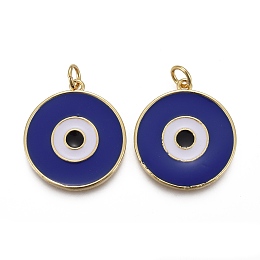 Honeyhandy Brass Enamel Pendants, with Jump Rings, Long-Lasting Plated, Flat Round with Midnight Blue Evil Eye, Real 18K Gold Plated, 22.5x20x2~2.5mm, Hole: 3mm