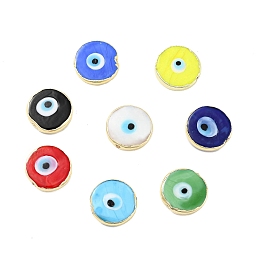 Honeyhandy Rack Plating Handmade Evil Eye Lampwork Beads, with Brass Findings, Long-Lasting Plated, Flat Round, Mixed Color, 17.5~18x4.5~5mm, Hole: 1~1.2mm