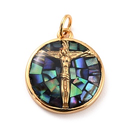 Honeyhandy Natural Shell Pendants, with Golden Brass Findings, Flat Round with Jesus, Colorful, 18x16x3.5mm, 3.5mm Inner Diameter.