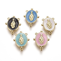 Honeyhandy Golden Plated Brass Chandelier Component Links, with Enamel, Oval with Virgin Mary, Mixed Color, 17.5x13x2mm, Hole: 0.8mm