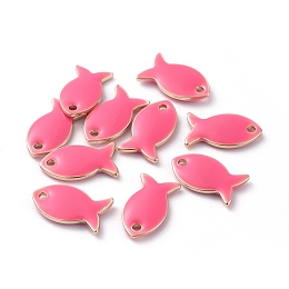 Honeyhandy Brass Charms, with Enamel, Fish, Raw(Unplated), Hot Pink, 13.5x7.5x2mm, Hole: 1.2mm