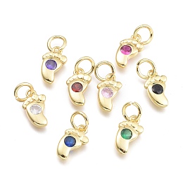 Honeyhandy Brass Micro Pave Cubic Zirconia Pendants, with Jump Ring, Baby Foot, Real 18K Gold Plated, Mixed Color, 10.5x6x2.2mm, Ring: 5x0.8mm, Hole: 3mm