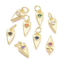 Honeyhandy Brass Micro Pave Cubic Zirconia Pendants, with Jump Ring, Heart with Eye, Real 18K Gold Plated, Mixed Color, 12x5.5x2.3mm, Jump Rings: 5x0.8mm, Inner Diameter: 3mm