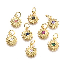 Honeyhandy Brass Micro Pave Cubic Zirconia Pendants, with Jump Ring, Sun with Eye, Real 18K Gold Plated, Mixed Color, 12.5x10x2.7mm, Jump Rings: 5x0.8mm, Inner Diameter: 3mm