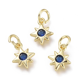 Honeyhandy Brass Micro Pave Cubic Zirconia Pendants, with Jump Rings, Star, Real 18K Gold Plated, Midnight Blue, 10x8x2mm, Hole: 3.5mm