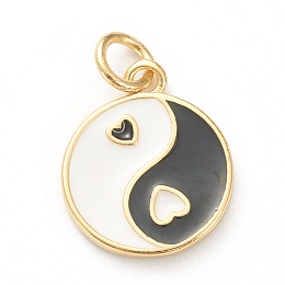 Honeyhandy Brass Enamel Pendants, Long-Lasting Plated, Real 18K Gold Plated, Flat Round with Heart, Black, 14x11.5x2mm, Hole: 3mm