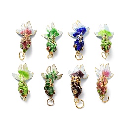 Honeyhandy Brass Cloisonne Pendants, Gold Fish Charms with Jump Rings, Golden, Mixed Color, 35~37x17~19x12~13.5mm, Hole: 6.5mm