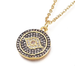 Honeyhandy Brass Micro Pave Cubic Zirconia Pendant Necklaces, with 304 Stainless Steel Cable Chains, Flat Round with Evil Eye, Golden, Clear, 19.29 inch(49cm)