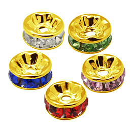 Honeyhandy Brass Rhinestone Spacer Beads, Grade A, Straight Flange, Golden Metal Color, Rondelle, Mixed Color, 8x3.8mm, Hole: 1.5mm