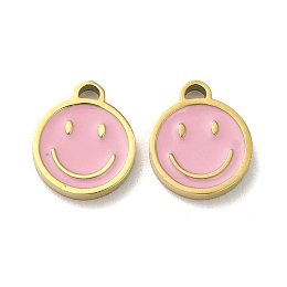 Honeyhandy Ion Plating(IP) 316L Surgical Stainless Steel Charms, with Enamel, Real 18K Gold Plated, Flat Round with Smiling Face Charm, Pink, 9.5x8x1.5mm, Hole: 1mm