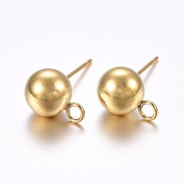 Honeyhandy 304 Stainless Steel Ball Stud Earring Findings, with Loop, Round, Golden, 20x8mm, Hole: 2mm