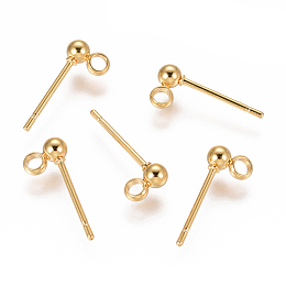 Honeyhandy 304 Stainless Steel Ear Stud Components, with Loop, Ball, Real 18k Gold Plated, 14x3mm, Hole: 1.6~1.8mm, Pin: 0.7mm