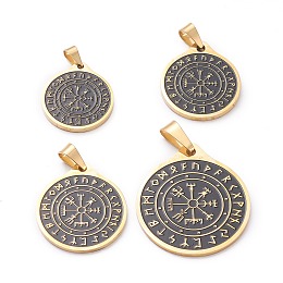 Honeyhandy Mixed Sizes 304 Stainless Steel Enamel Pendants, Viking Compass with Runes/Futhark/Futhorc, Black, Golden, 28~43x25~38x2~2.5mm, Hole: 4~6x8~13mm