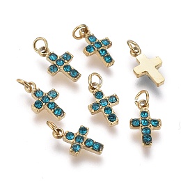 Honeyhandy 316 Surgical Stainless Steel Tiny Cross Charms, with Rhinestone and Jump Rings, Golden, Aquamarine, 8.5x5x1.5mm, Hole: 1.6mm