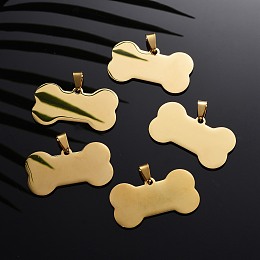 Honeyhandy 304 Stainless Steel Pendants, Manual Polishing, Blank Stamping Tags, Dog Bone, Golden, 22x40x1.8mm, Hole: 8.5mm