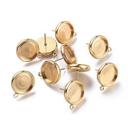 Honeyhandy Ion Plating(IP) 304 Stainless Steel Stud Earring Settings, with Loop, Flat Round, Golden, Flat Round: 17x14.5mm, Hole: 1.6mm, Pin: 0.8mm, Tray: 12mm