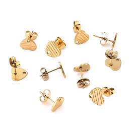 Honeyhandy Ion Plating(IP) 304 Stainless Steel Stud Earring Findings, with Ear Nuts, Textured Heart, Real 18K Gold Plated, 12x9mm, Hole: 1.4mm, Pin: 0.7mm