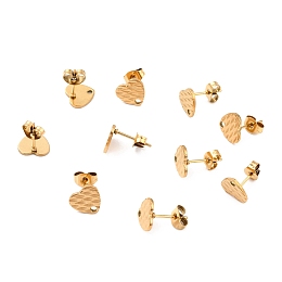 Honeyhandy Ion Plating(IP) 304 Stainless Steel Stud Earring Findings, with Ear Nuts, Textured Heart, Real 18K Gold Plated, 12x9mm, Hole: 1.4mm, Pin: 0.7mm