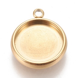 Honeyhandy Ion Plating(IP) 304 Stainless Steel Pendant Cabochon Settings, Lace Edge Bezel Cups, Flat Round, Golden, Tray: 12mm, 17x14.5x3mm, Hole: 1.8mm