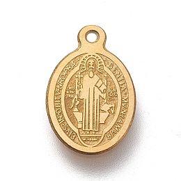 Honeyhandy Ion Plating(IP) 304 Stainless Steel Charms, Laser Cut, Oval, Saint Benedict Medal, Golden, 14.5x9x0.5mm, Hole: 1.2mm