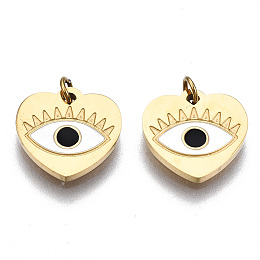 Honeyhandy 316 Surgical Stainless Steel Enamel Charms, with Jump Rings, Real 14K Gold Plated, Heart with Evil Eye, White, 9.5x10x1mm, Jump Ring: 2.7x0.4mm, 1.9mm inner diameter