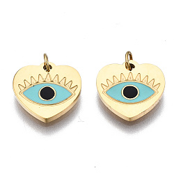 Honeyhandy 316 Surgical Stainless Steel Enamel Charms, with Jump Rings, Real 14K Gold Plated, Heart with Evil Eye, Pale Turquoise, 9.5x10x1mm, Jump Ring: 2.7x0.4mm, 1.9mm inner diameter