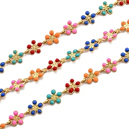 Honeyhandy Golden Brass Enamel Link Chain, Long-Lasting Plated, Unwelded, Flower, Colorful, 9x6x1mm